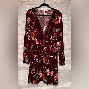 Xhiliration fall floral, burgundy, deep v, long sleeve dress